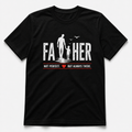 Black t-shirt with a graphic of a father and child walking and text on a white background