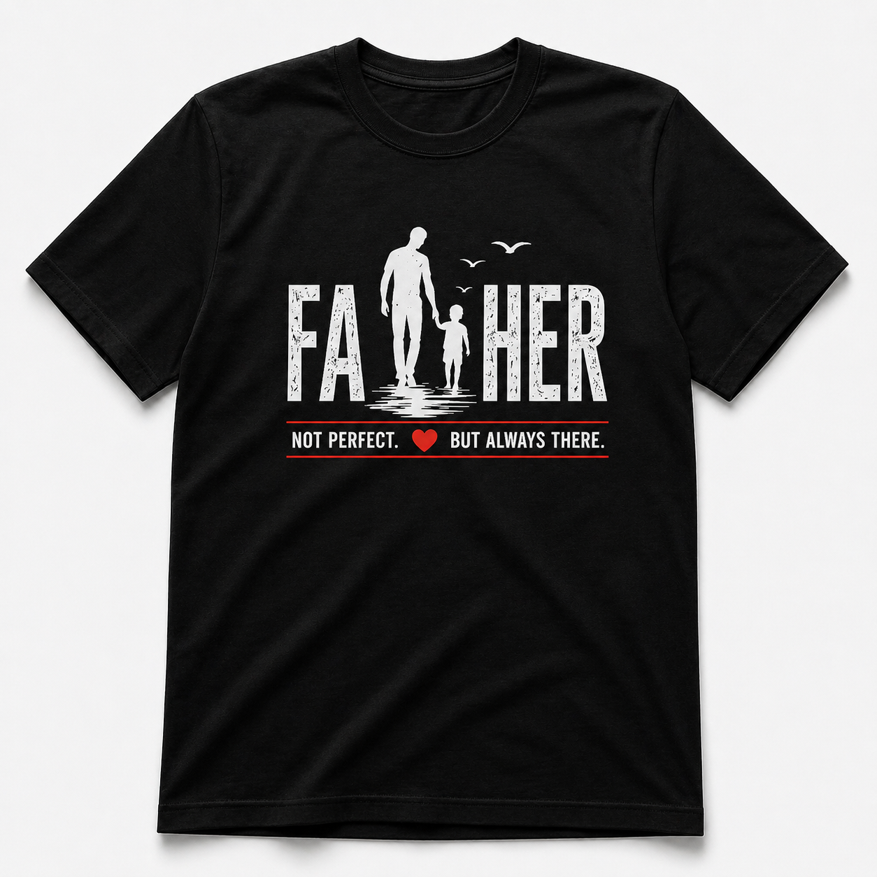 Black t-shirt with a graphic of a father and child walking and text on a white background