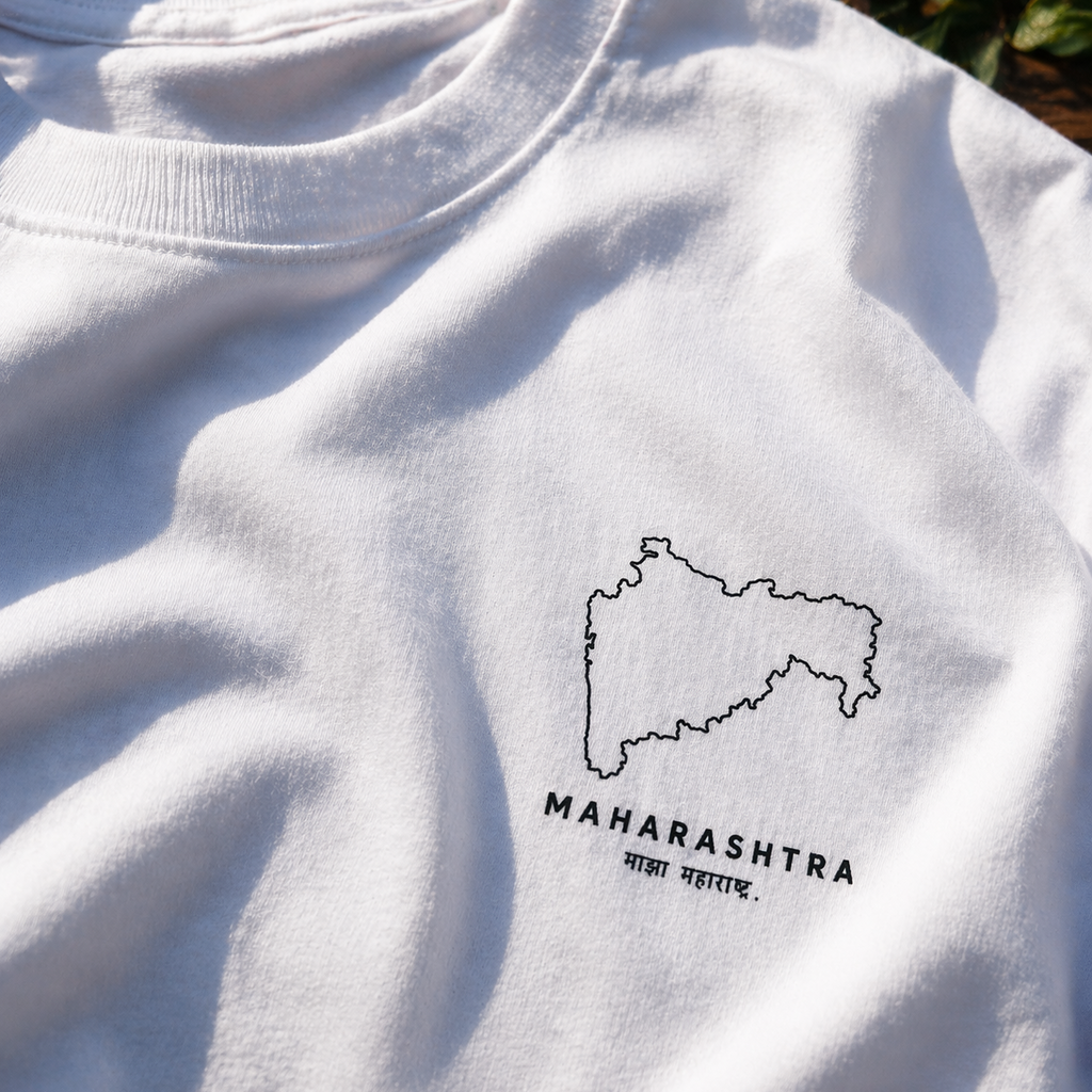 White oversized t-shirt with a black outline of Maharashtra and text on a white background