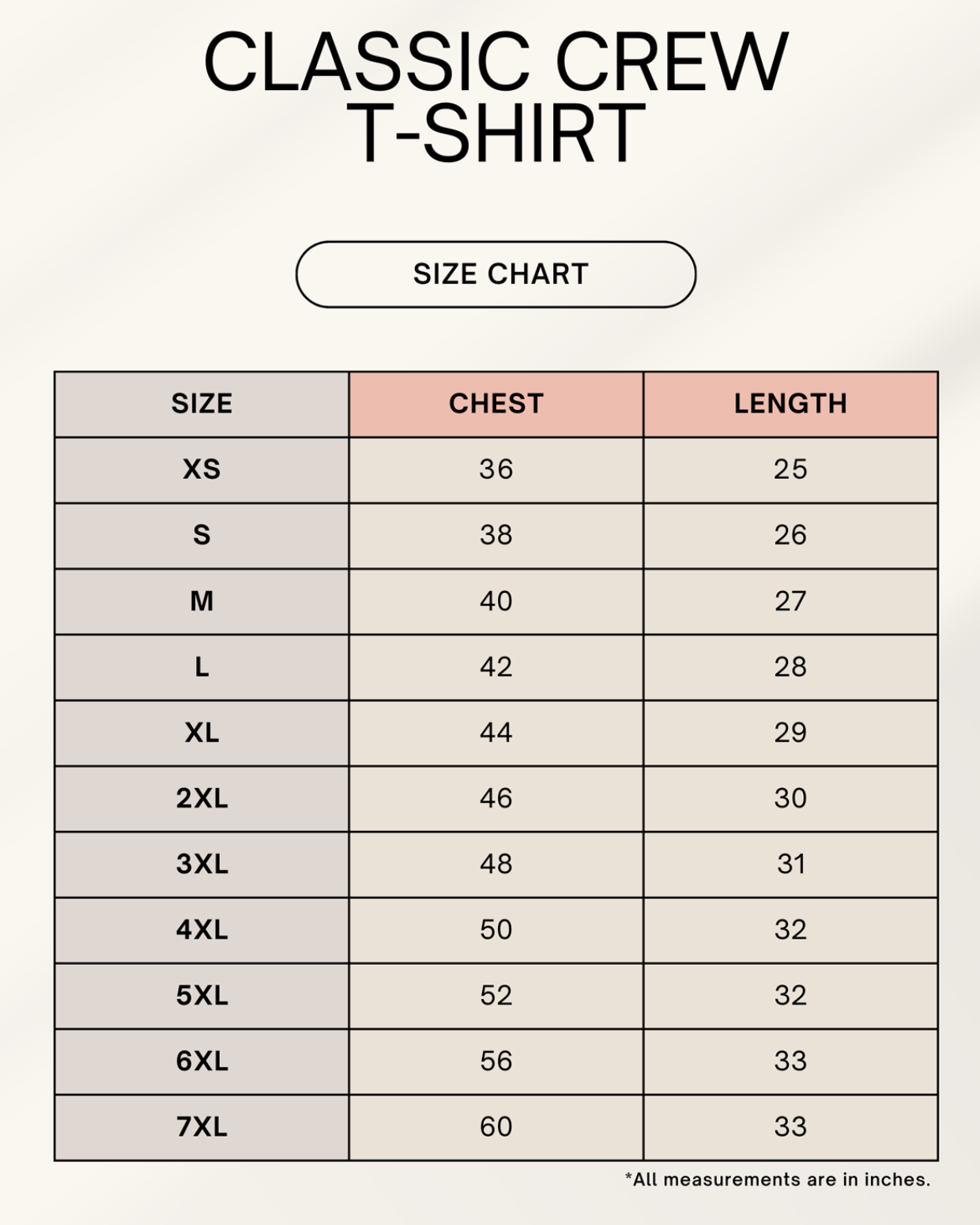 Classic Crew Tshirt Size Chart
