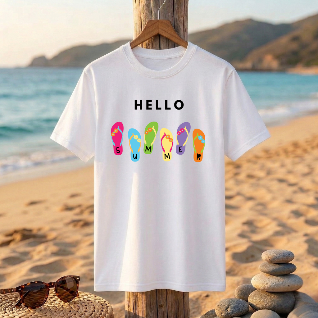 Hello Summer Graphic T-Shirt – Unisex Beach Flip-Flop Tee