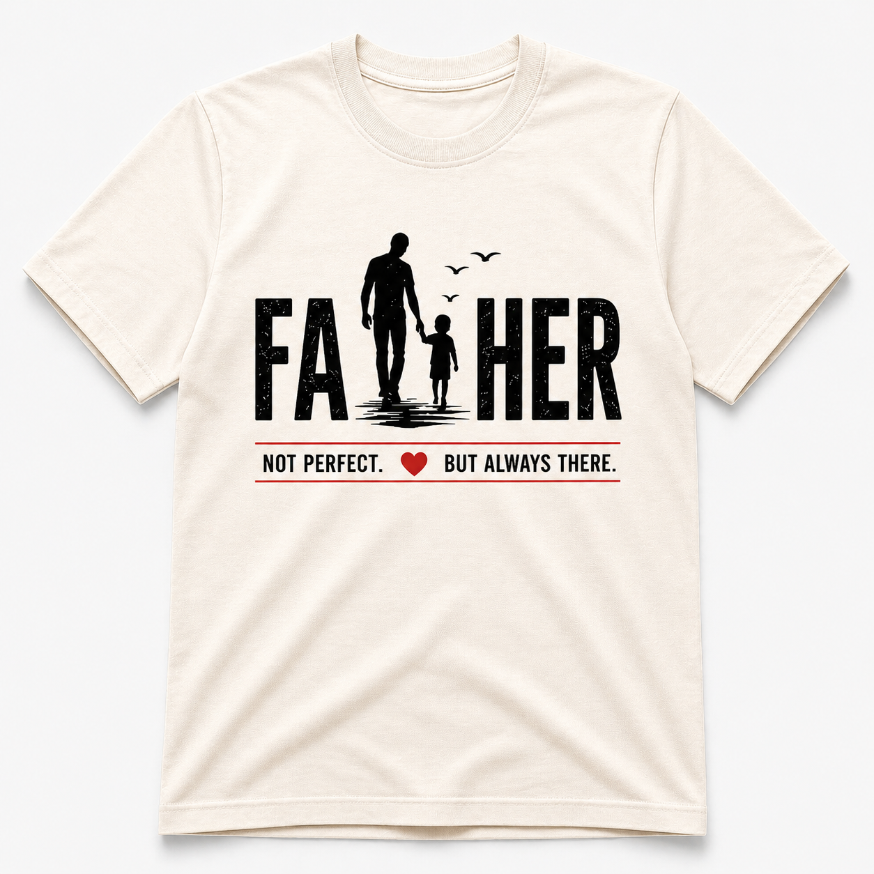 Beige t-shirt with a graphic of a father and child holding hands and text on a white background