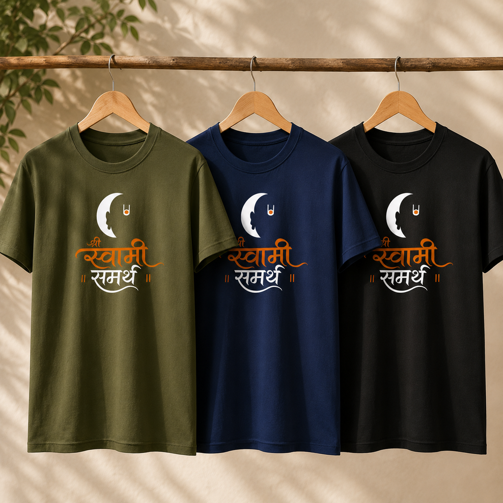 Shri Swami Samarth Unisex T-Shirt | Devotional Marathi Graphic Tee | Black, Navy Blue & Olive Green