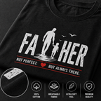 Black t-shirt with white graphic and text 'FATHER' on a dark background