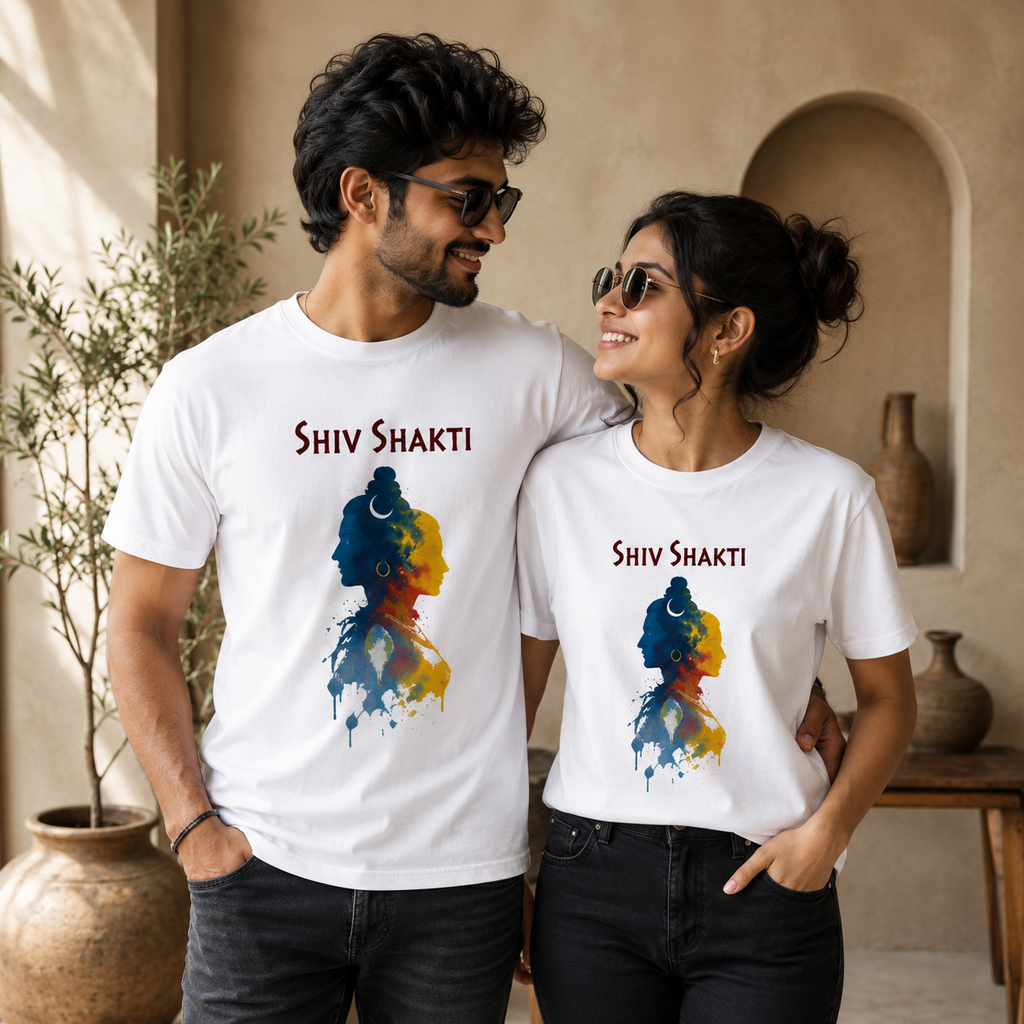 Shiv Shakti Unisex T-Shirt | Spiritual Couple Graphic Tee | Premium Cotton Round Neck T-Shirt