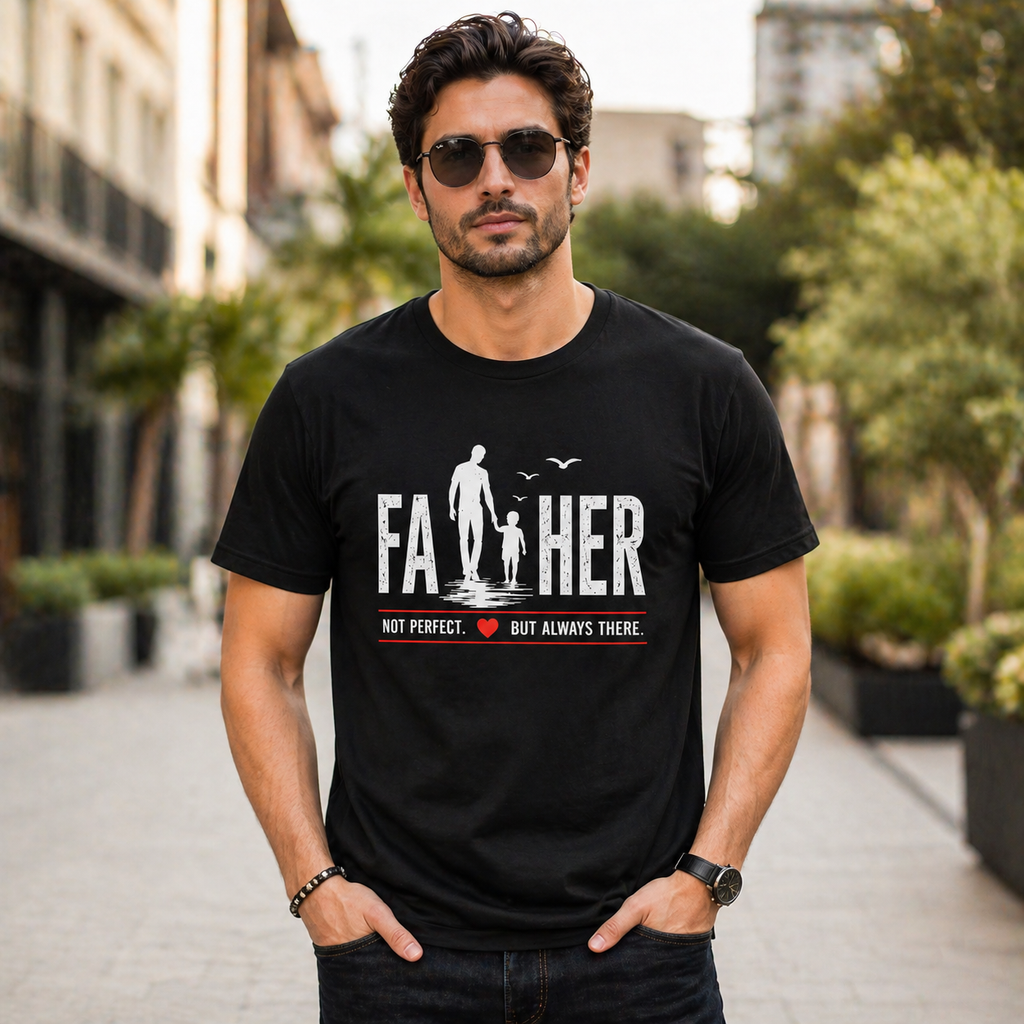 Man wearing a black t-shirt with a graphic design and text, standing on a city street.