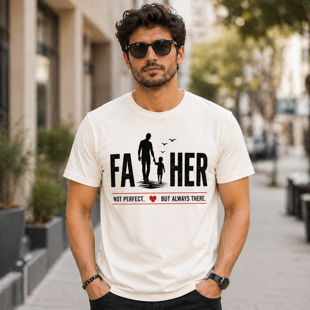Man wearing a white t-shirt with 'FATHER' text and graphic, standing on a street.