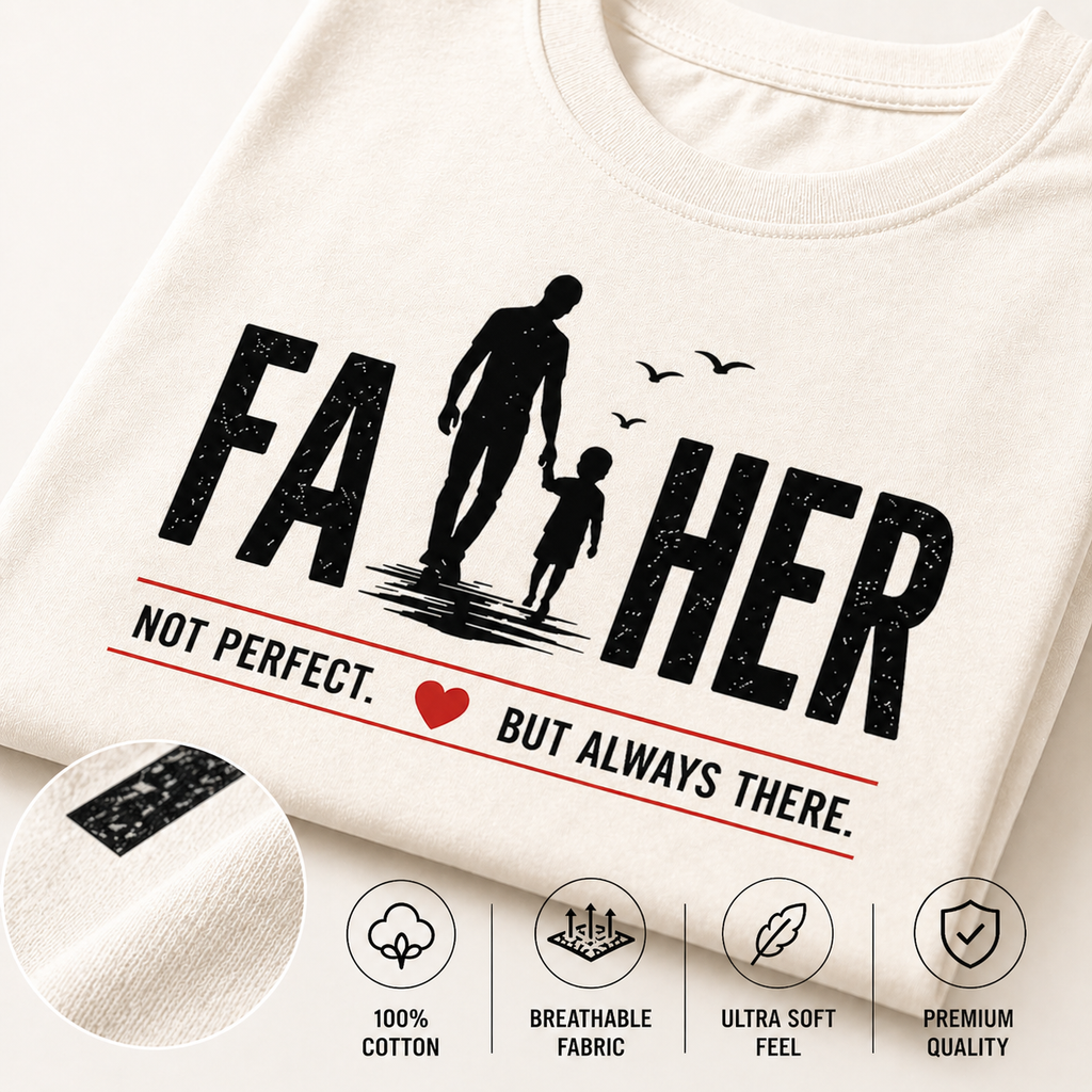 White t-shirt with a graphic of a father and child, text 'FA HER' and additional text, displayed on a white background.
