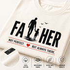 White t-shirt with a graphic of a father and child, text 'FA HER' and additional text, displayed on a white background.
