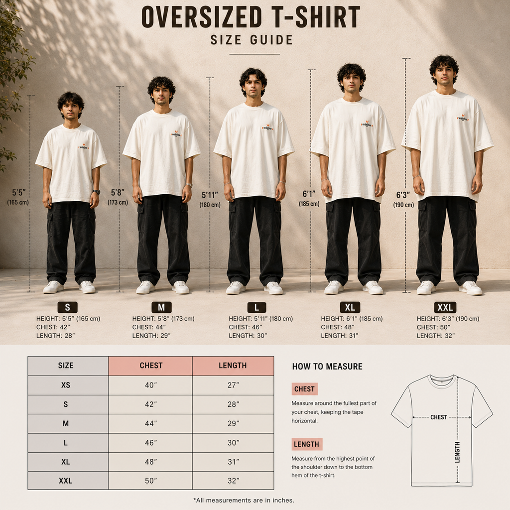 Oversized t-shirt size guide with models and measurements on a neutral background